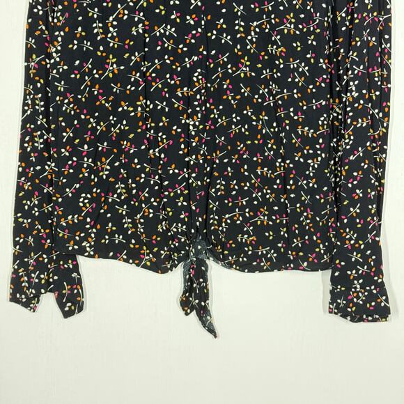 J. Jill Blouse Top Size Small Black Floral Tie Front Split Neck Long Sleeve Boho - Picture 5 of 9